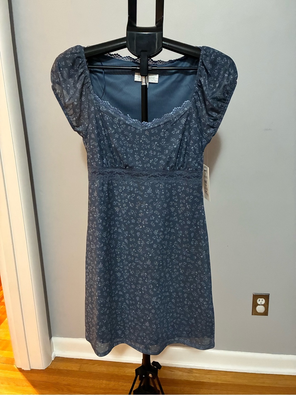 NWT Smoky Blue Floral Lace-Trim Dress